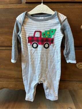 Baby Essentials Gray Striped One-Piece with Tree In Red Buffalo Check Truck